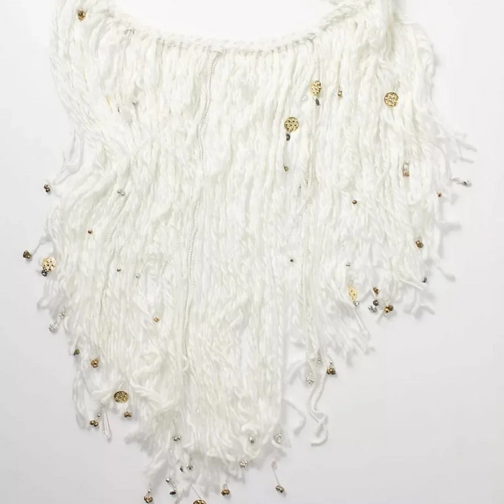 Anthropologie Braided Fringe Garland Ivory Yarn with Beads Charms & Little Bells
